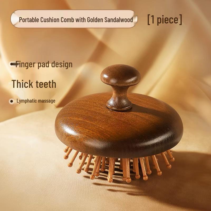 Golden Silk Sandalwood Round Massage Comb for Scalp Therapy and Hair Straightening