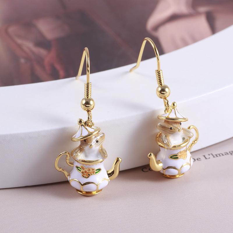 Funny Enamel Cartoon Chipmunk French Teapot Earrings For Women Accessories Style Jewelry Woman Charm