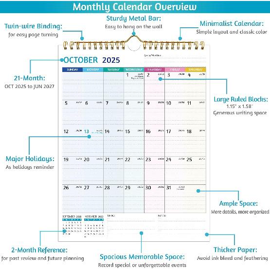 2026-2027 Wall Calendar – Use Now To Jun 2027, Calendar 2026-2027 Wall, 21 Monthly Calendar, 8.5 X 11 In, 2026 Small Calendar, Ruled Blocks, Thick