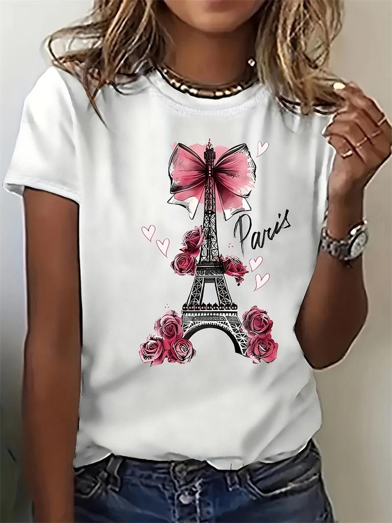Paris Eiffelturm Druck Unisex Lässiges T-Shirt Kurzarm Sportbekleidung Oberteil