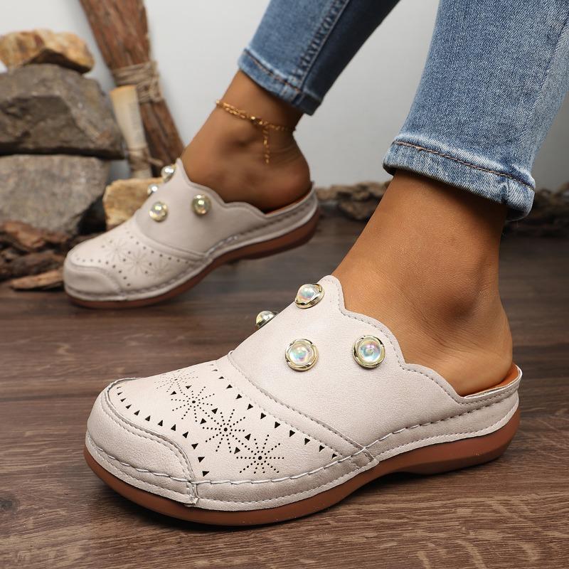 Spring Flat Slippers Women Fashion Round Head Deep Mouth Rhinestone Rivet Buckle Car Sewing Soft Soled Sandals