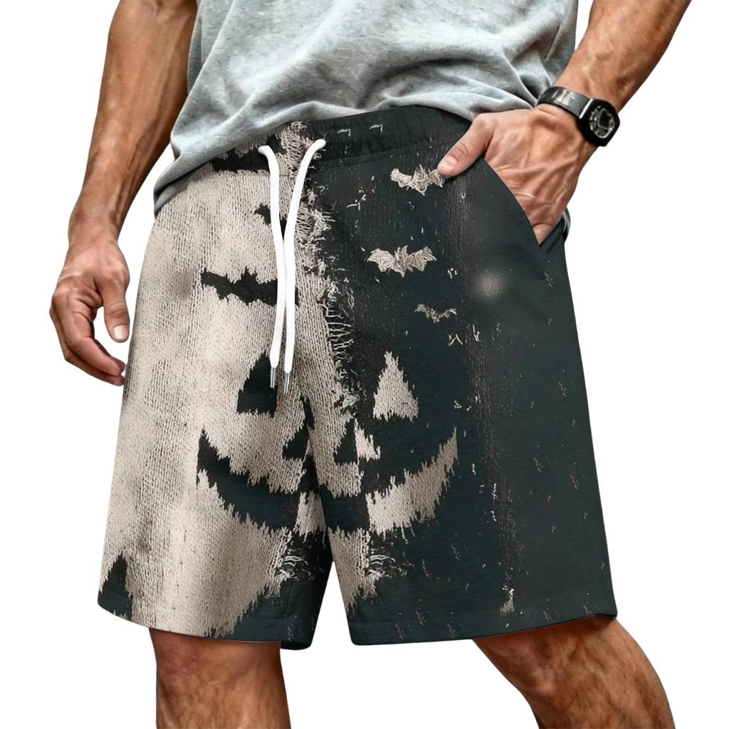 Men Casual Drawstring Waist Shorts Halloween Pumpkin Print Relaxed Fit Lightweight Comfortable Beach Shorts