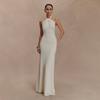 Abito Maxi da Donna con Scollo all'Americana Senza Maniche Bodycon Vita Alta Elegante Pieghettato Monocolore Formale Sirena
