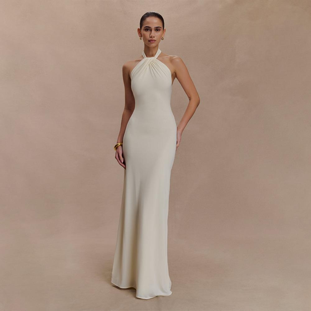 Abito Maxi da Donna con Scollo all'Americana Senza Maniche Bodycon Vita Alta Elegante Pieghettato Monocolore Formale Sirena