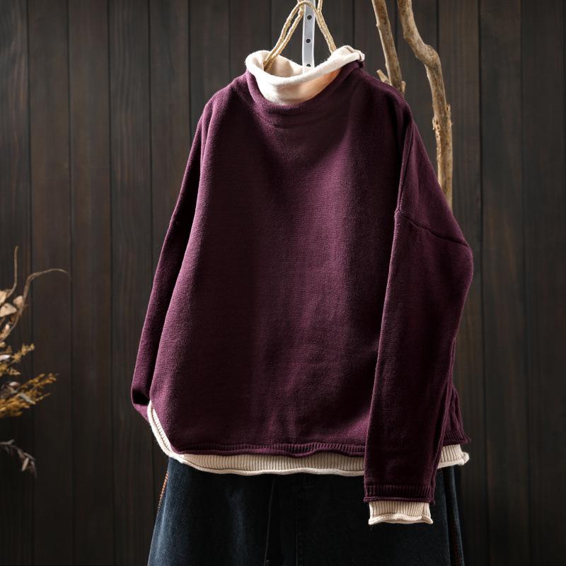 Women's Plus Size High Neck Patchwork Sweater - Winter Two-Piece Knitwear