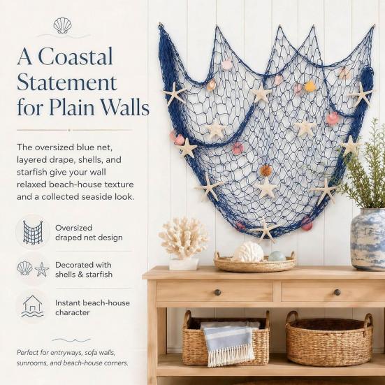 Seasonal Theme Decoration Fishing Net Wall Decoration, Lighted Coastal Art, Light-Up Decorative Photo Display Netting Hanging for Beach House