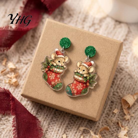 Christmas Mouse Earrings 1 Pair Cute Acrylic Earrings, 2D Flat Cartoon Animal Dangle Holiday Party Accessories Drop for Women, Glitter Star