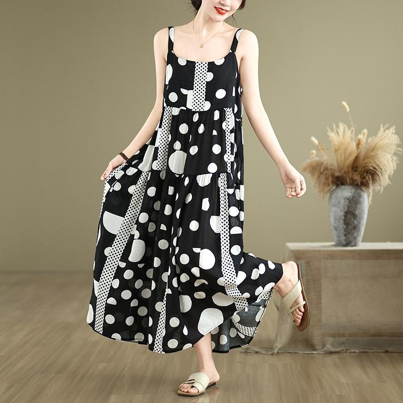 Bez rukávů na ramínka Nadměrná velikost bavlna vintage květinový novinka šaty pro ženy ležérní volné dlouhé letní šaty