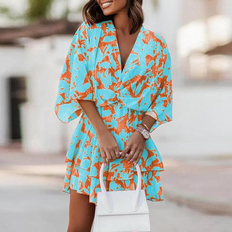 Women Short Sleeve V Neck Party Dress Boho Ruffle Design Flower Print Short Dress Women Elegant Holiday Beach Dresses S