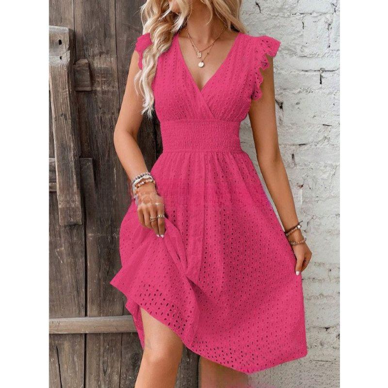 

V-neck Hollow Lotus Leaf Sleeve Dressv Collar Cut Out Lotus Leaf Sleeve Dress Women Rose Red L