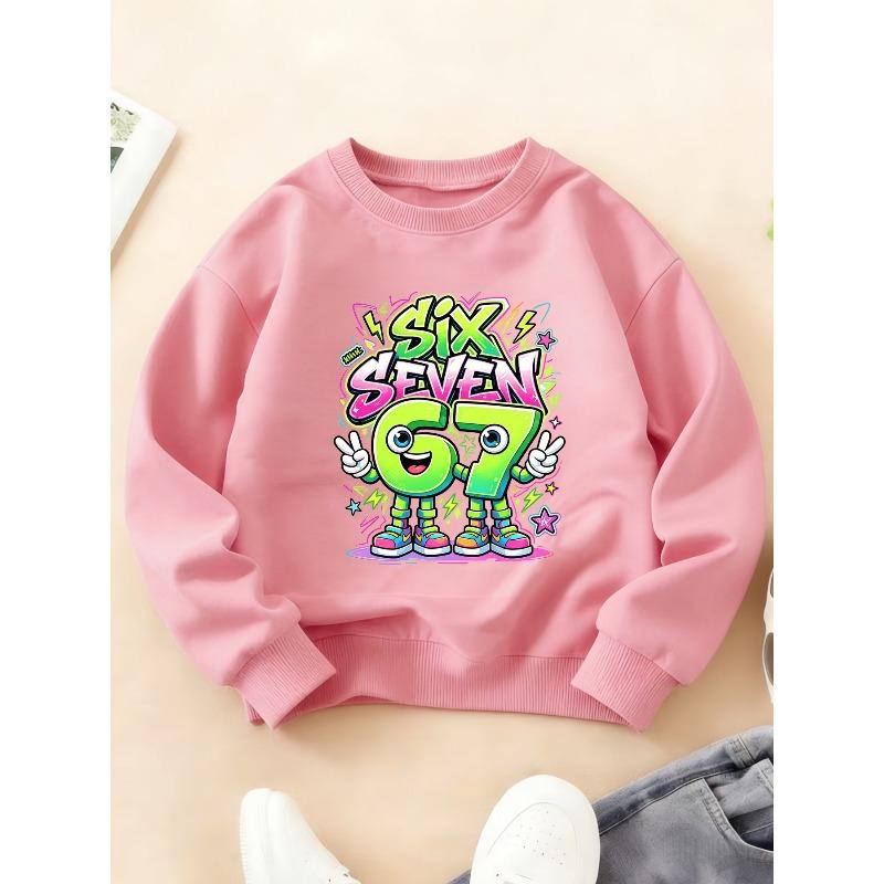 Kids Unisex Crewneck Sweatshirt, Graffiti Cartoon Anthropomorphic Number 6 & 7 "Six Seven" Peace Sign Print Soft Fleece Pullover For 7th Birthday
