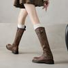 Autumn and Winter Women's Knight Boots Thick-soled New Large-size Leather Boots Round Head Low Heel Square Heel Comfortable Side Zipper High Boots