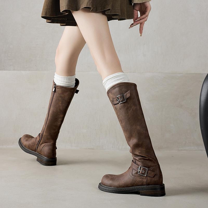 Autumn and Winter Women's Knight Boots Thick-soled New Large-size Leather Boots Round Head Low Heel Square Heel Comfortable Side Zipper High Boots
