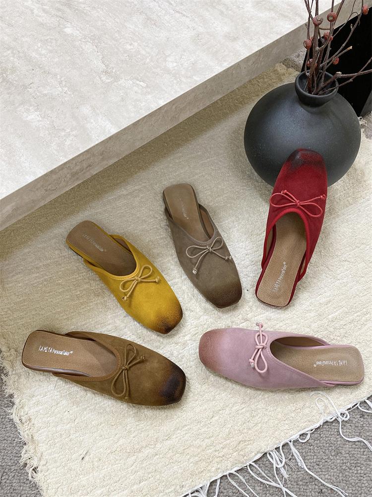 2025 New Summer Slippers Split Leather Shoes Retro Flats Slip-on Sandals Beach Slippers Leisure Walking Shoes Zapatos Para Mujer