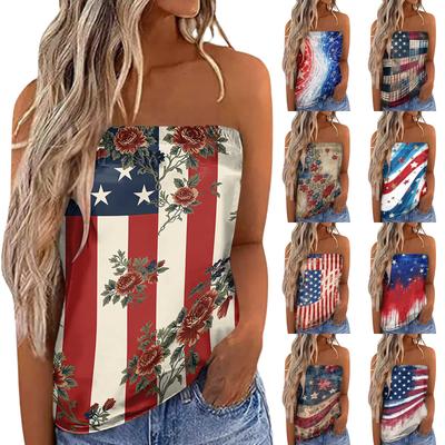 Damen Sommer Sexy Trägerloses Schulterfreies Elastisches Band Design Unabhängigkeitstag Druck Top