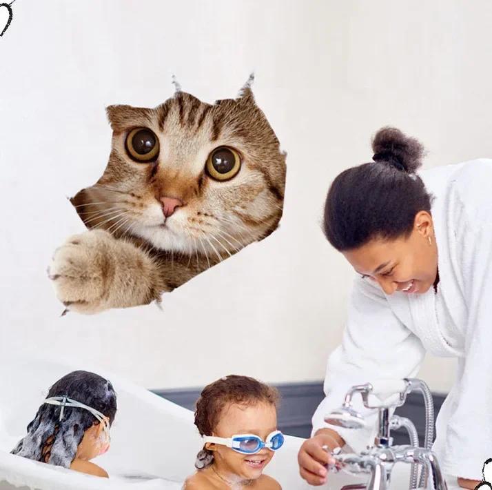 Lebendige 3D Loch Lustige Katze Hund Toilettenaufkleber DIY WC Waschraum Heimdekoration Niedliches Kätzchen Welpe Haustiere Wandkunst Aufkleber