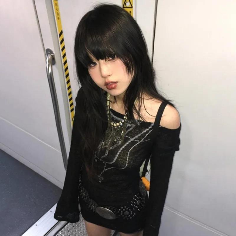 2KWEIRD Japanese Y2k Knitted Tops Grunge Tattoo Print Long Sleeve T-shirt Ribbed Vintage Harajuku Shirring Knitwear 2000s Gothic