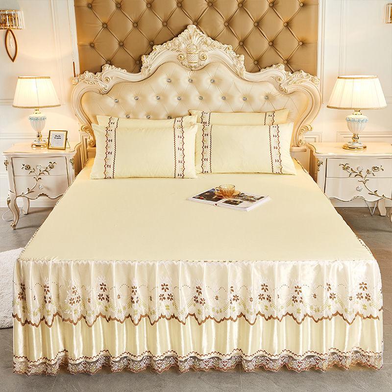 3pcs Bed Skirt Set (Bed Skirt * 1+pillowcase * 2, Without Core),Solid Color Double-Layer Lace Bed Sheet Bedspread, All Season Universal Bedding Set
