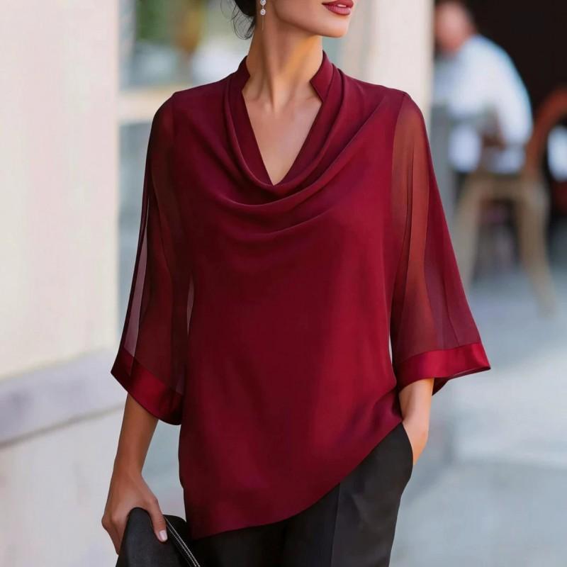 2026 Womens Flowy Chiffon Blouse With Wide Neckline Loose Fit Casual Shirt