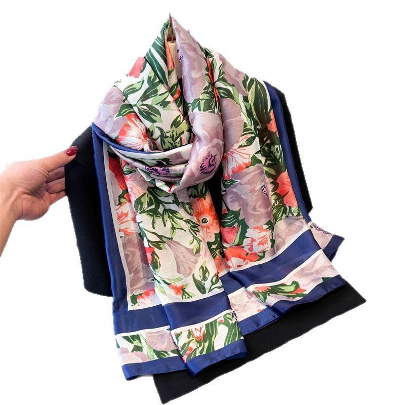 Thin Printing Simulation Silk Brocade Sunscreen Colorful Flower Silk Scarf Long Scarf Shawl Versatile Headscarf Scarf