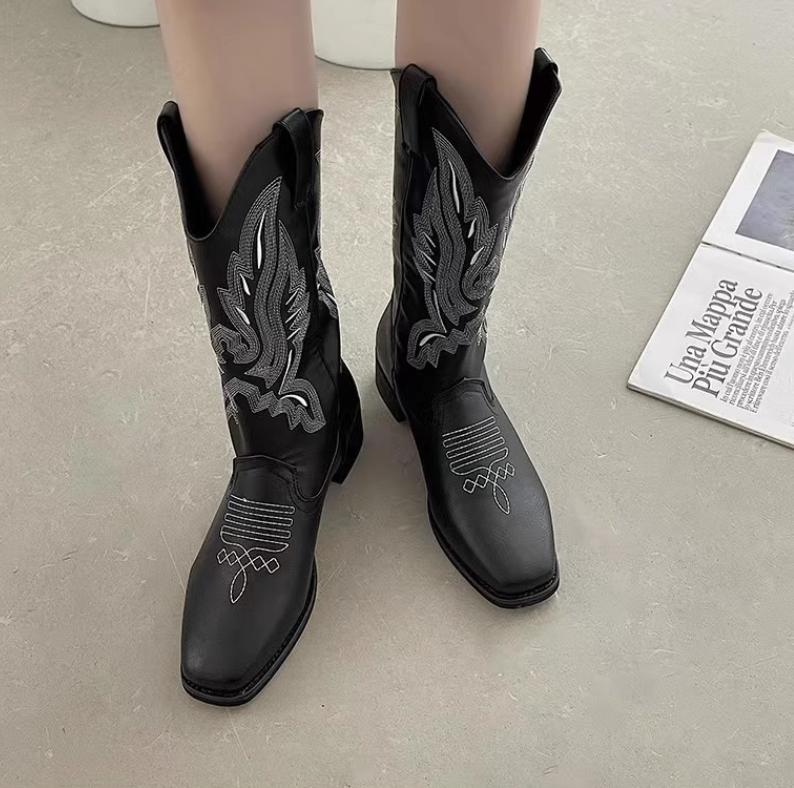 Fashion Vintage Embroidered Cowboy Boots Women 2024 Autumn Square Toe Thick Heels Western Boots Woman Brown Pu Leather Knee High Boots