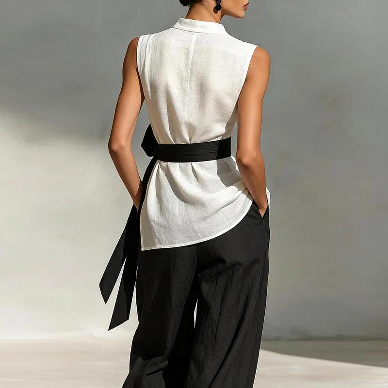 2026 New Lace-Up Sleeveless Tencel Linen Top and Wide-Leg Pants Two-Piece Women's Set