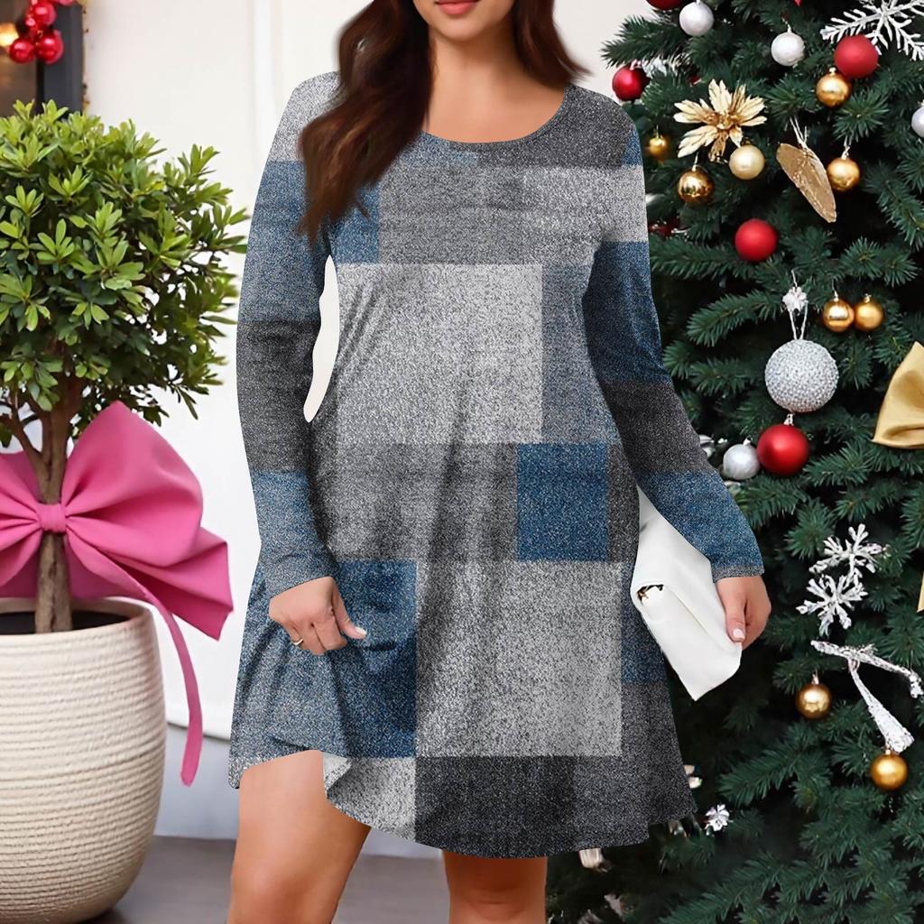 Plus Size Women's Gradient Print Casual Spring/Autumn Pocket Round Neck Long Sleeve Dress