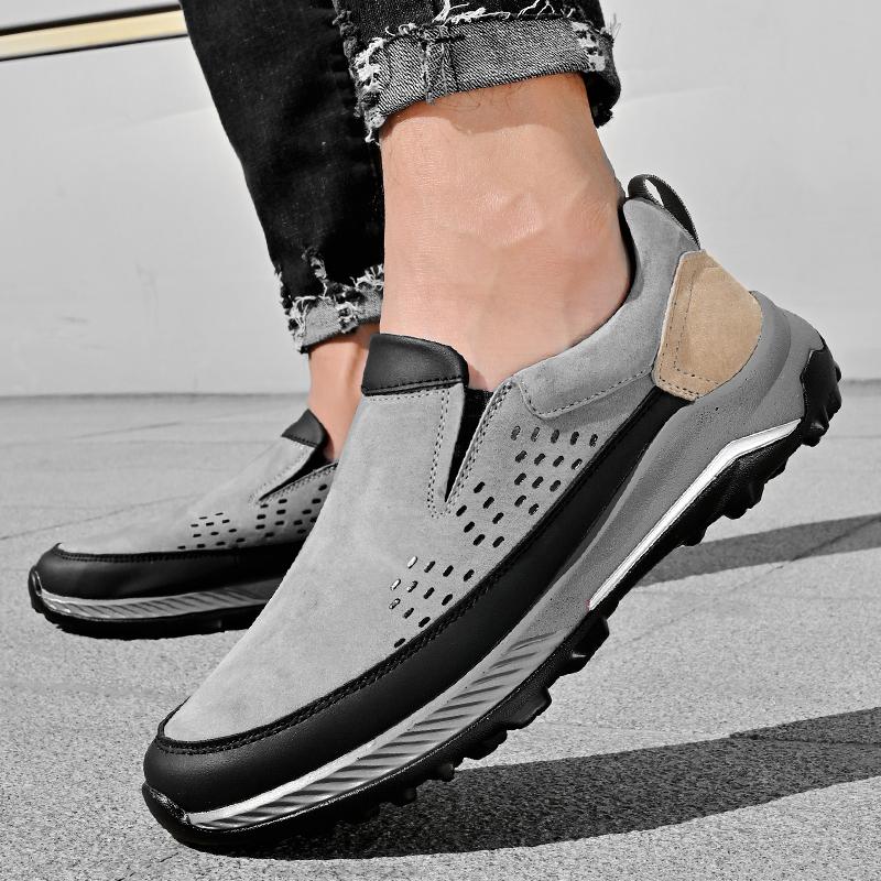 Men Breathable Casual Shoes Outdoor Plus Size Fashion Sneakers Lace-up Split Leather Comfortable Walking Sport Shoes