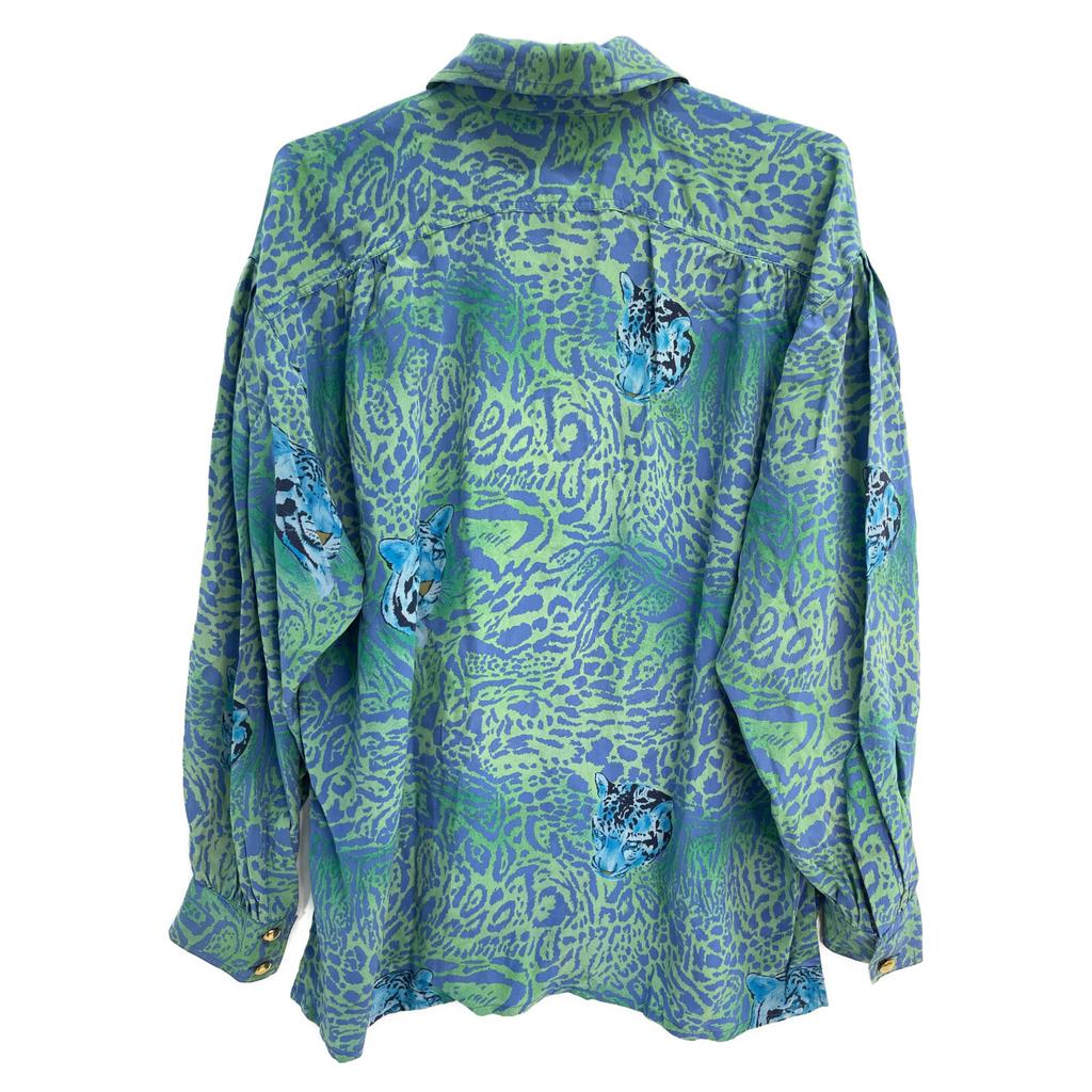 ESCADA 80's Green and Blue Leopard and White Tiger Silk Shirt tops 38 Blue greenUsed
