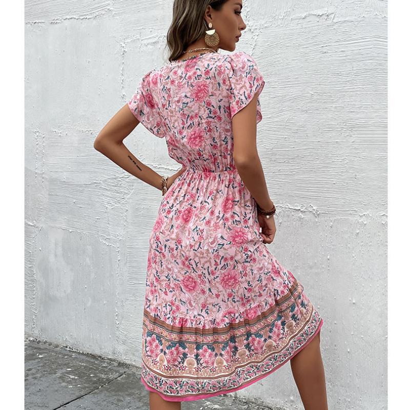 Nová Móda Vintage Šaty s Krátkým Rukávem Dámské Výstřih do V Tištěné Zelené Elegantní Šaty na Léto Áčkový Střih Vysoký Pas Ležérní Dámské Šaty 24340