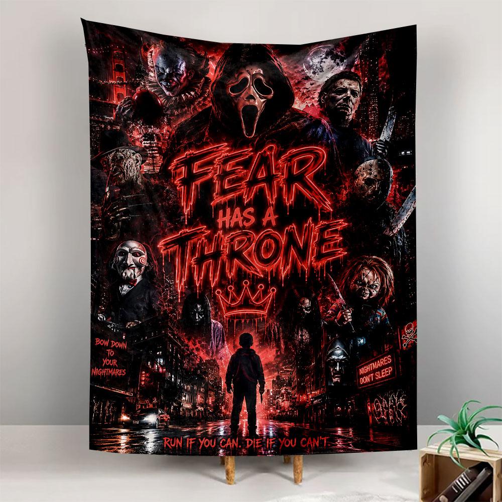 The pattern features horror villains and text in a glowing, bloody style. Patterned tapestry for bedroom and living room home decor