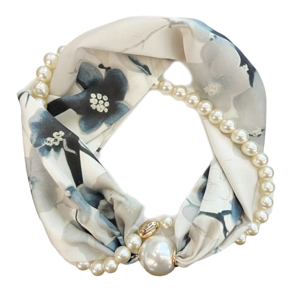 Magnetic Clasp Pearls Chain Necklace Floral Satins Scarf Elegant Silk Skinny Narrow Neckerchief for Fashionable Women