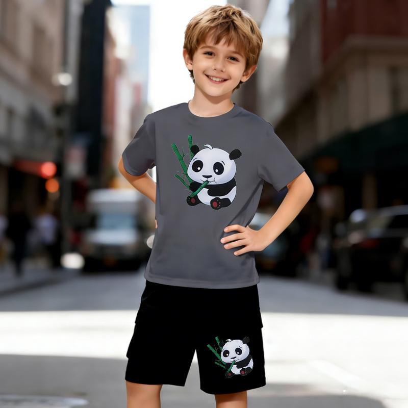 Boys 2 Piece Cute Panda Print Outfit, Short Sleeve T-Shirt and Shorts Set for Kids Age 5-14, Black and White Sporty Casual Summer Clothes