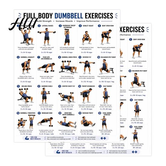 Gráfico Profesional de Entrenamiento con Pesas 2 Piezas Póster de Entrenamiento con Mancuernas, Rutina de Ejercicios de Cuerpo Completo Fitness para Mujeres Arte de Pared, Guía de Fuerza Gimnasio en Casa