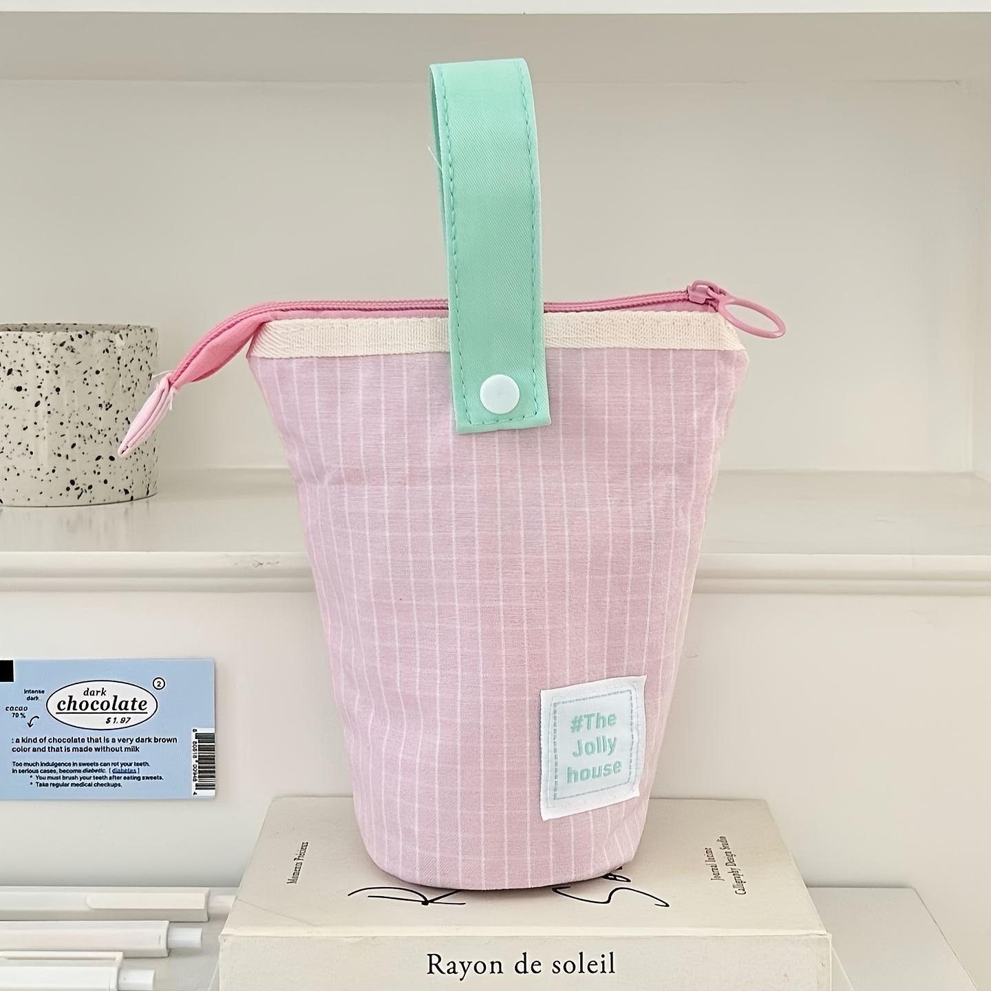 

Macaron color block foldable pencil case, durable large capacity, portable for student and office use, great as gift. Pink Grid