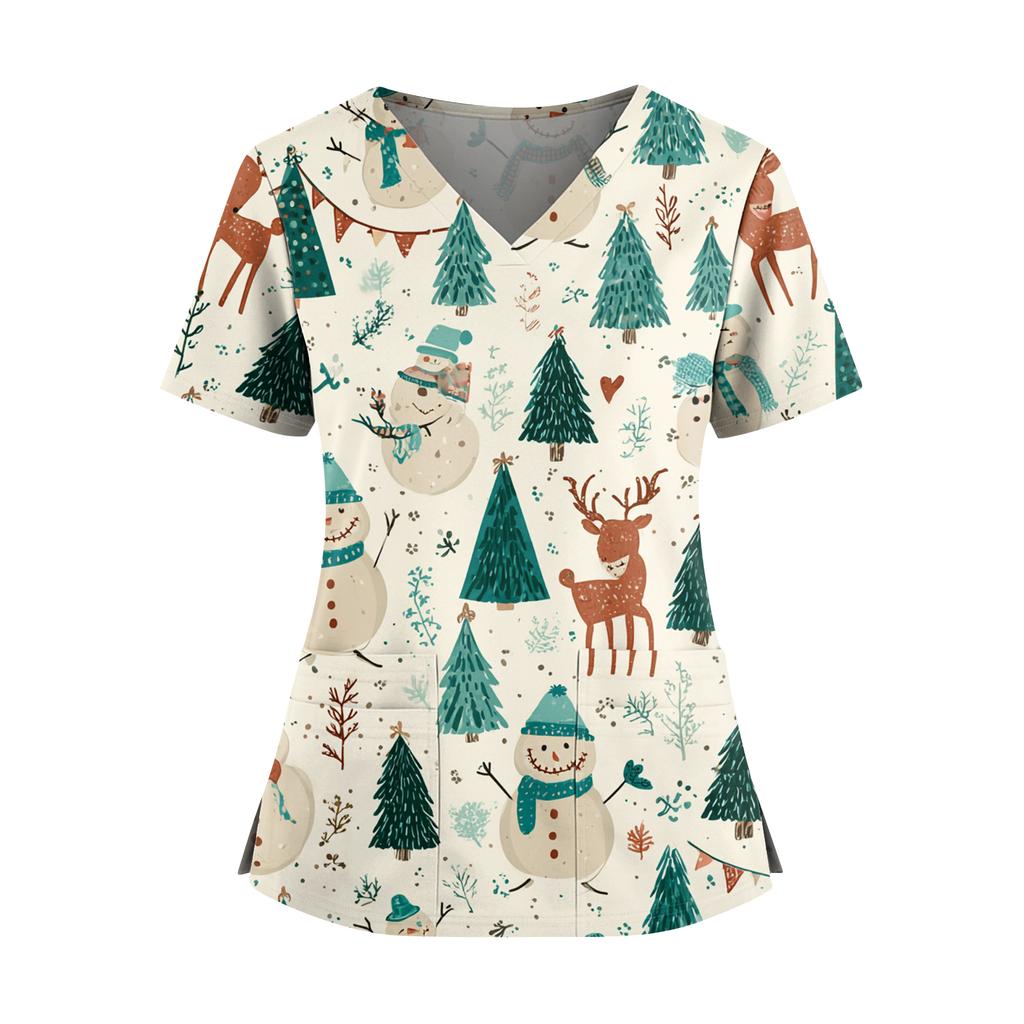 Women's Christmas Print V-Neck Double Pocket Short Sleeves Hem Slit Uniform And Caregiver Top