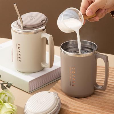  Double-layer Coffee Cup With Spoon&Straw Milk Coffee Mug Portable Insulated Anti Scalding 304 Stainless Steel Water Cup
