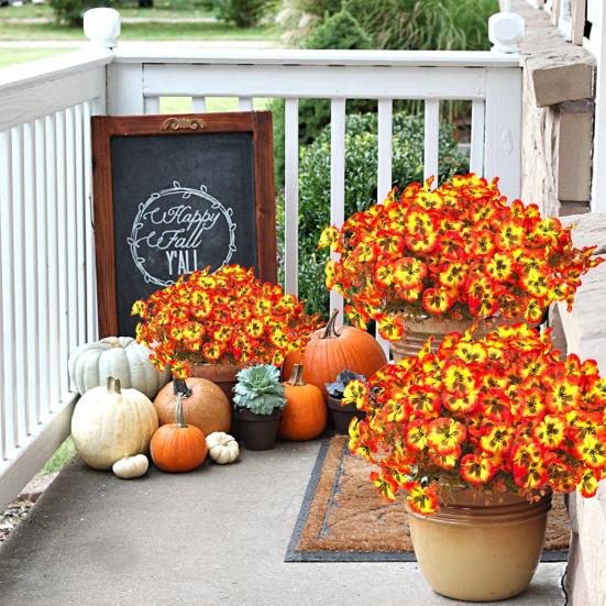 Artificial Pansy Flowers Faux Pansy Blooms with Eucalyptus Leaves UV Resistant Fake Pansy Bundle for Window Box Porch Home Autumn Harvest Decoration