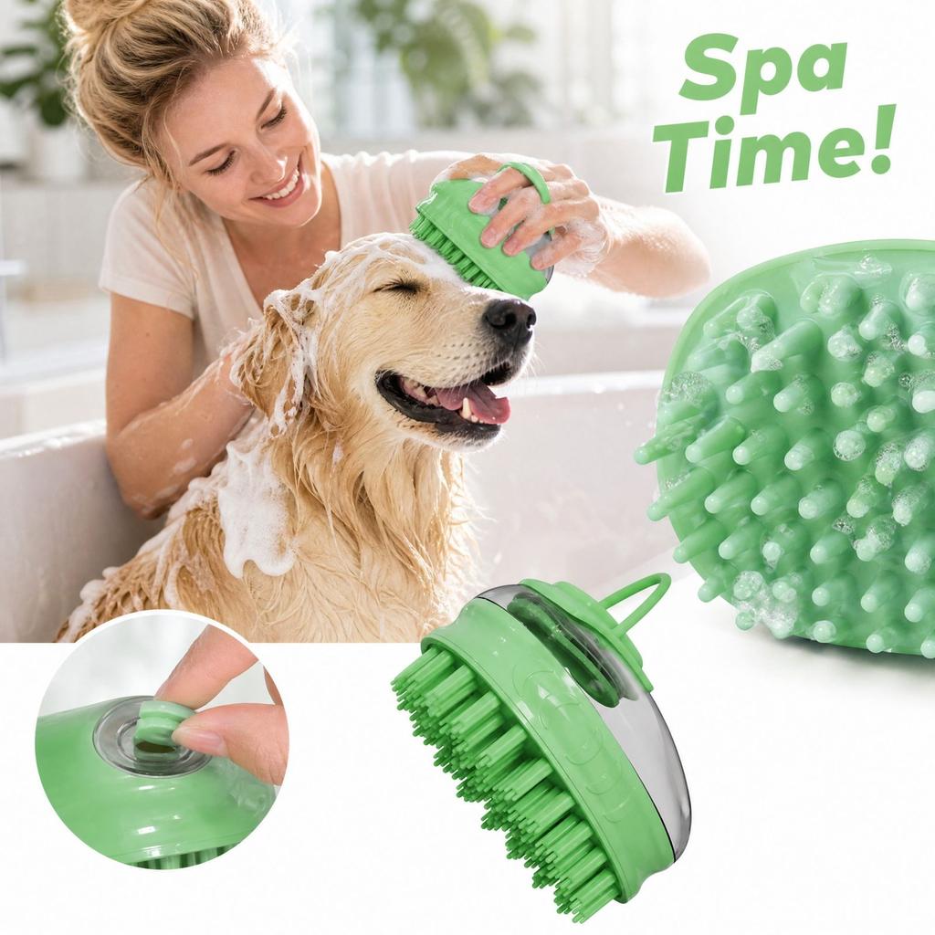 Pet Bath Brush with Dispenser for Dogs and Cats, Silicone Shampoo Brush for Bathing and Grooming