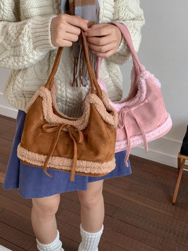 Niche Women's Lambswool Patchwork Bow Tote - Large Capacity Single Shoulder Bag 2025