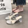 Fairy Wind Crystal Thick Heel Slippers Female Outer Wear 2025 Summer New Beautiful Transparent Rhinestone Temperament One-word Drag