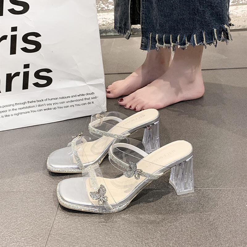 Fairy Wind Crystal Thick Heel Slippers Female Outer Wear 2025 Summer New Beautiful Transparent Rhinestone Temperament One-word Drag
