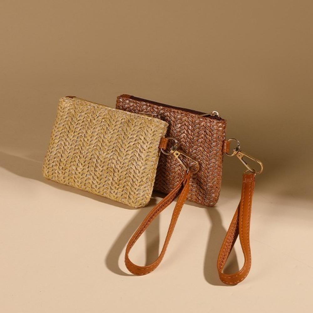Casual Wristlet Clutch Weaving Bag Solid Straw Lightweight Beach Wallet Coin Purse