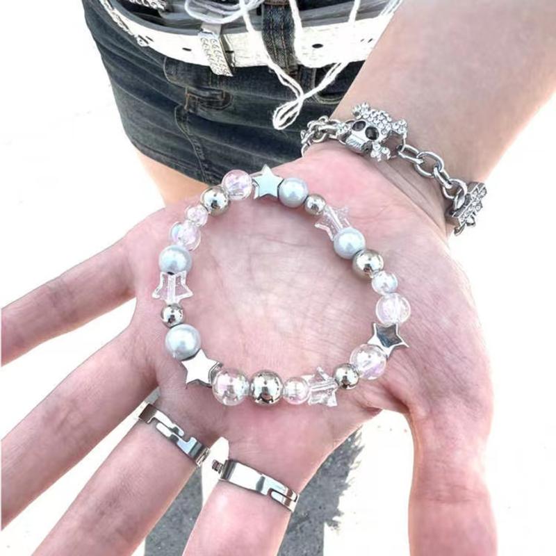 Unique Star Beaded Bracelet Harajuku Crystal Star Pentagrams Bead Wristlet Heart Metal Bead Handchain Jewelry Gift Women