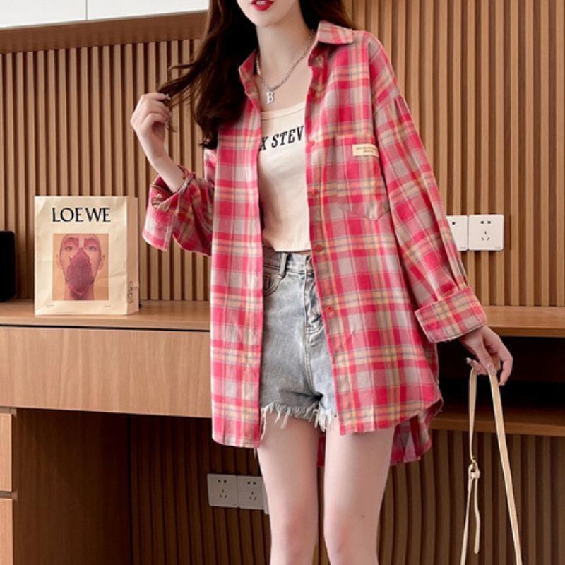 Wiosna Jesień Vintage Krata Nadruk Luźny Casual Kardigan Bluzka Kobiety Długi Rękaw Golf Zapinana na Guziki Koszula Top