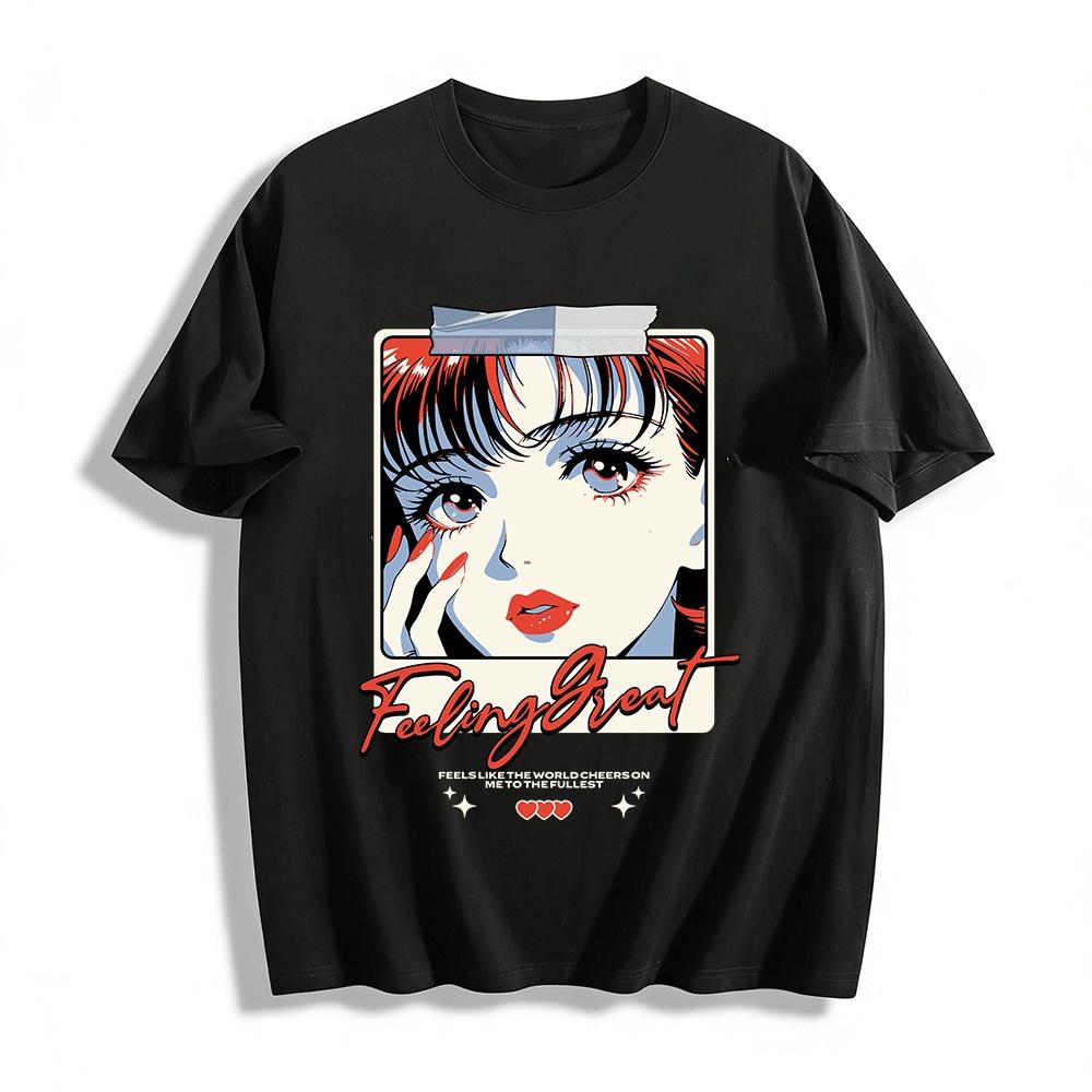 Vintage Anime Girl Print T-Shirt Cool Lazy Style Casual Top Pure cotton T-shirt XXS