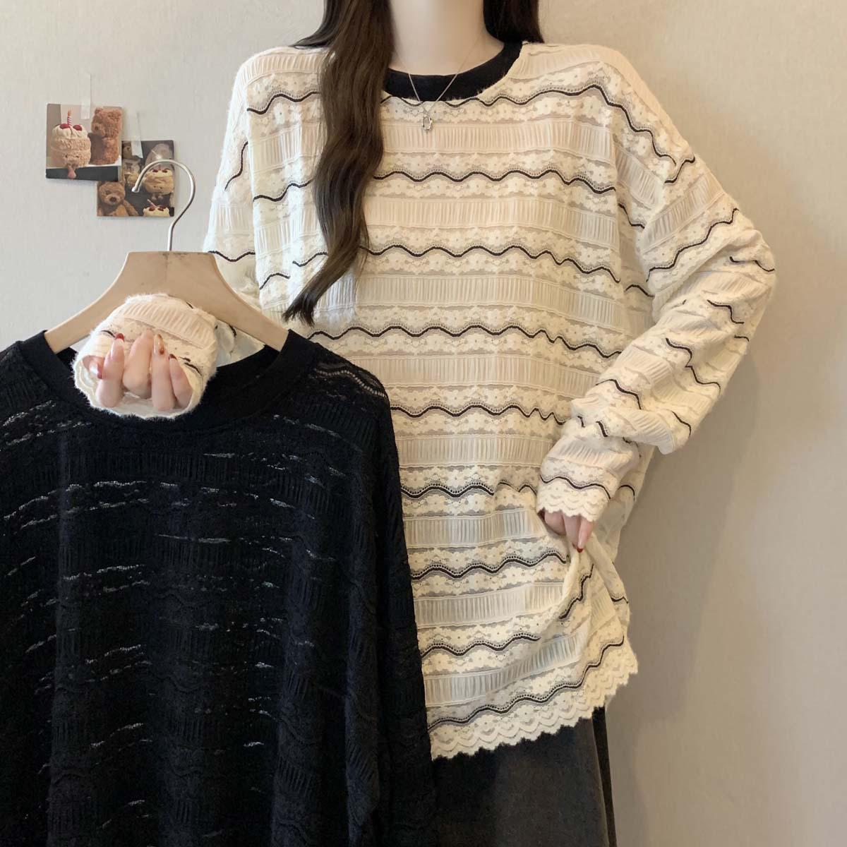 

2026 Spring/Autumn Women s Plus Size Striped Hollow Out Round Neck T-shirt - Loose, Casual, and Slimming Top 3XL чорний