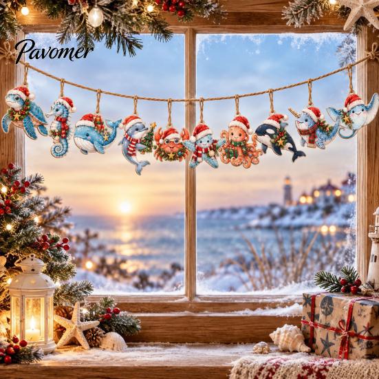 Ocean Theme Christmas Ornaments Wooden Sea Animal Pendants, 2D Flat Themed Cartoon Figures, Decorative Winter Party Hanging Decorations Banner