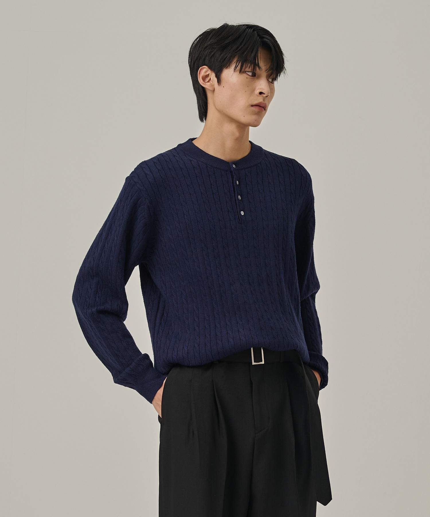Analog Mood Washable Cable Henley Neck Knit T-Shirt (Navy) Free