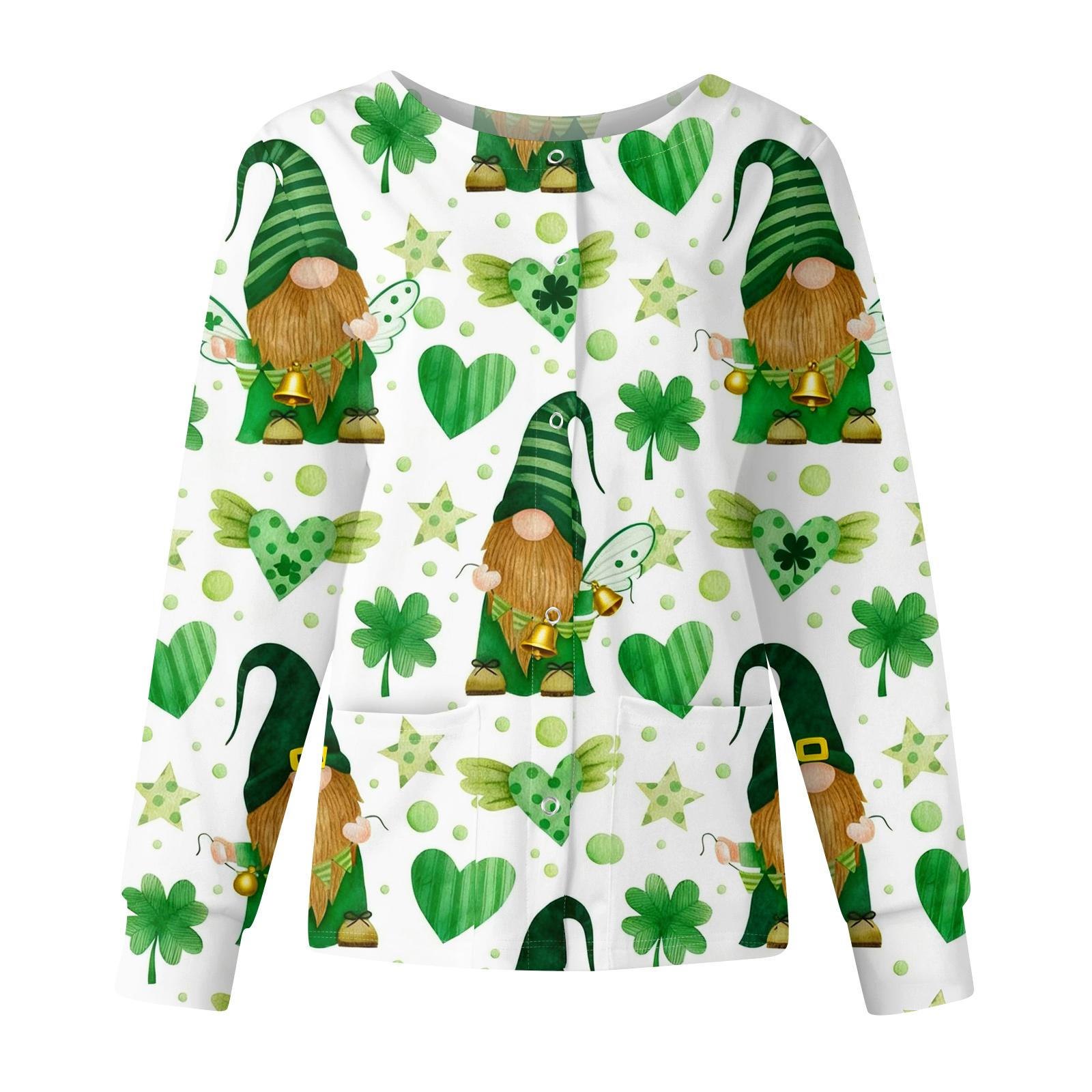 

Женская повседневная модная блузка с длинным рукавом, воротником-стойкой и однобортной застежкой. Куртки-топы рабочей одежды с принтом ко Дню святого Патрика XL белый